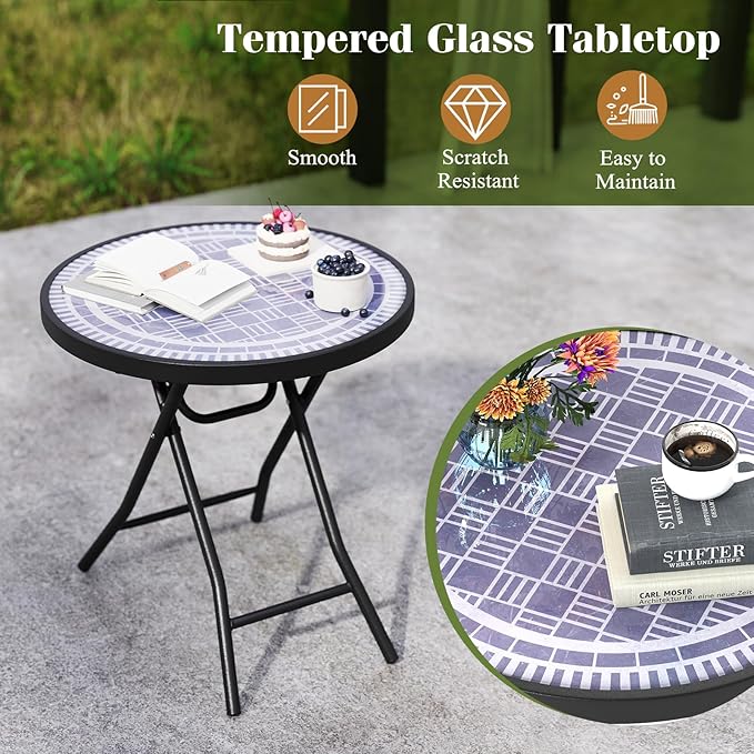 Giantex Folding Outdoor Side Table with Tempered Glass Tabletop & Metal Frame, Portable 18” Round End Table for Patio - Photo 4