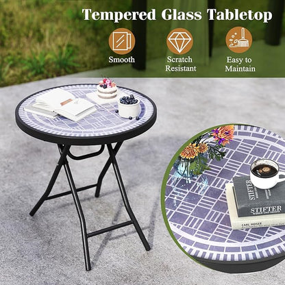 Giantex Folding Outdoor Side Table with Tempered Glass Tabletop & Metal Frame, Portable 18” Round End Table for Patio, Sofa Side, Yard, Porch, Poolside Living Room, Grey