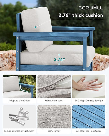 SERWALL 4 Pieces HDPE Outdoor Sofa Set with 10FT Patio Umbrella, All Weather Use Loveseat Furniture Sofa Set, Outdoor Conversation Couch with Coffee Table for Patio, Blue Frame with Khaki Cushions