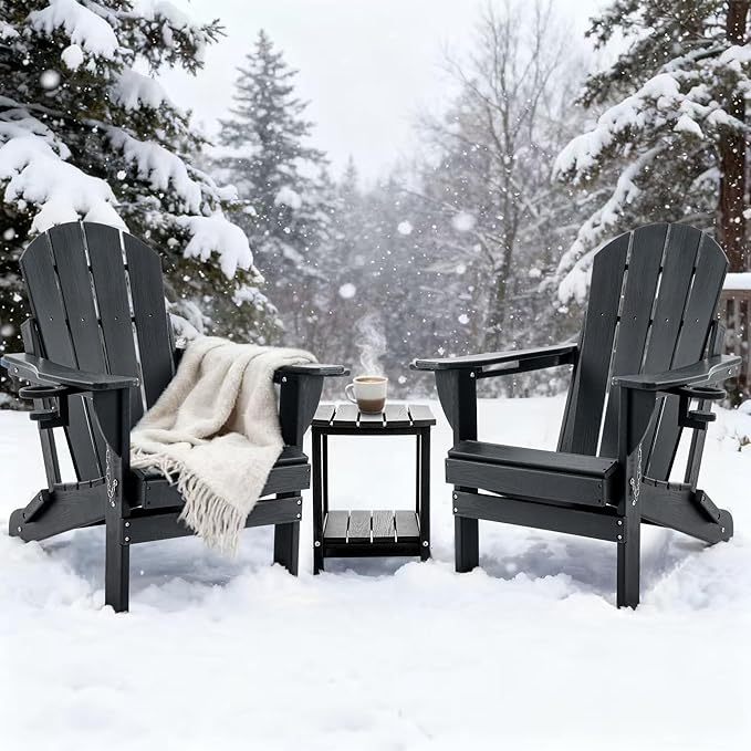 Folding Outdoor Adirondack Chairs Set of 2 with HDPE Side Tables-Plastic Weather Resistant Patio Chairs with Small Outdoor Side Tables 2 Storage for Patio,Fire Pit, Garden and Backyard