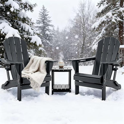 Folding Outdoor Adirondack Chairs Set of 2 with HDPE Side Tables-Plastic Weather Resistant Patio Chairs with Small Outdoor Side Tables 2 Storage for Patio,Fire Pit, Garden and Backyard