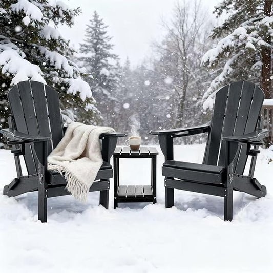 Folding Outdoor Adirondack Chairs Set of 2 with HDPE Side Tables-Plastic Weather Resistant Patio Chairs with Small Outdoor Side Tables 2 Storage for Patio,Fire Pit, Garden and Backyard