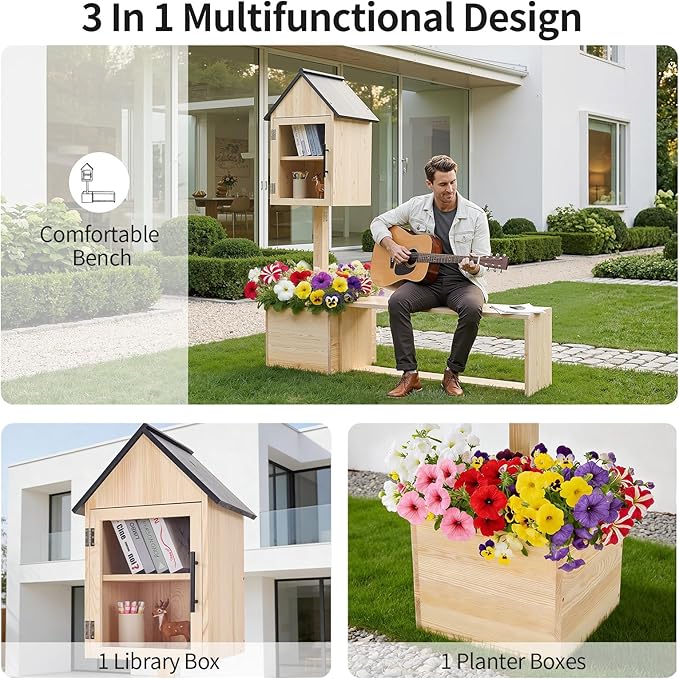 3-in-1 Outdoor Library Book Exchange Box with Bench & Planter Solid Pine Wood DIY Neighborhood Share Box Ground Mount Kit for Garden, School, Community