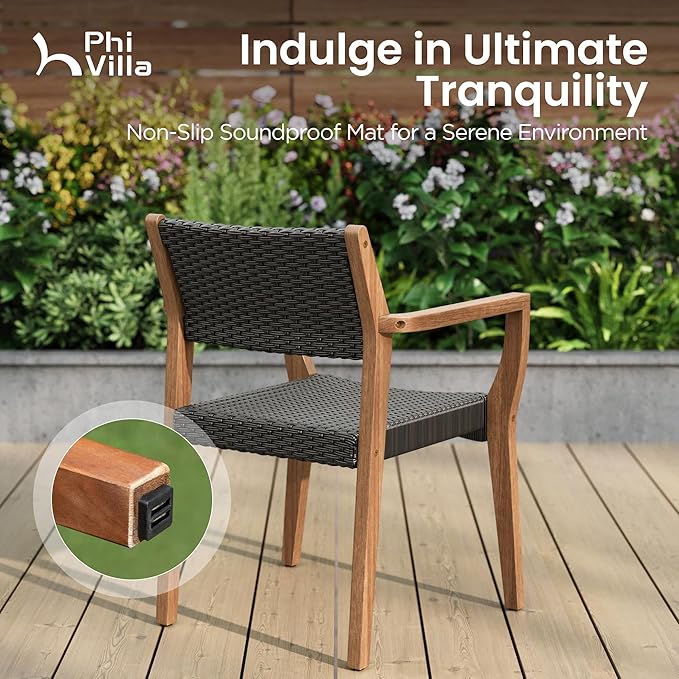 PHI VILLA Outdoor Acacia Wood Chairs Set of 4, Heavy-Duty Dining Armchairs with Wicker Back & Seat, Farmhouse Style Teak Seating Furniture for Patio, Deck, Yard, Balcony, Garden