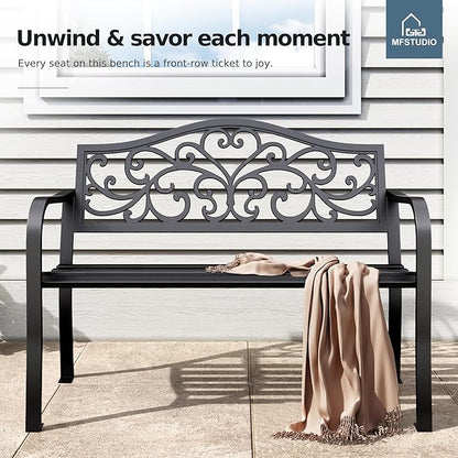 MFSTUDIO 43.7 Inches Outdoor Garden Bench, Cast Iron Metal Frame Patio Park Outside Benches with Floral Pattern Backrest for Front Porch, Black, Camelback
