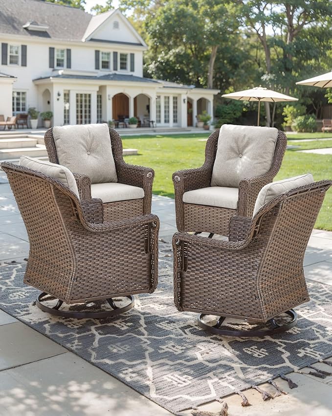 Patio Chairs Outdoor Swivel Glider - Set of 4 High Back Outside Brown Wicker Rattan Rocking Chair with Thick Cushion - Photo 6