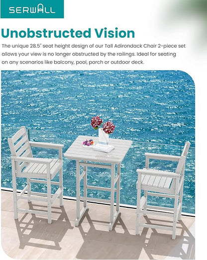 SERWALL Tall Adirondack Chairs Set of 2, Oversize Balcony Adirondack Chairs Set, Outdoor Bar Height Barstools Widened Chair Set for Bistro, Poolside, Garden, White