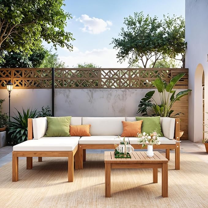 Devoko 5 Pieces Acacia Wood Outdoor Sectional Sofa Set with Coffee Table - Photo 3