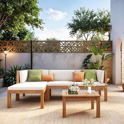 Devoko 5 Pieces Acacia Wood Outdoor Sectional Sofa Set with Coffee Table, Outdoor L-Shaped Couch with All-Weather Cushion for Patio