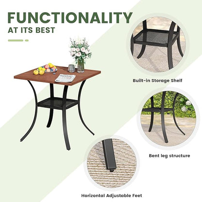 Outdoor Dining Table with Storage Shelf, 27.5" All-Weather Square Patio Dining Table for 2, Metal Patio Table for Garden Lawn Porch Deck Yard, Walnut
