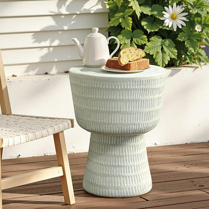 LuxenHome Outdoor Side Table, 15'' Off White Round Spiral Pattern Accent End Table, Indoor Outdoor Coffee Tables for Patio, Living Room, Backyard,Garden Stool and Plant Stand