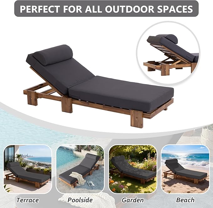 78.8'' Outdoor Patio Chaise Lounge Chair, Acacia Wood Adjustable Recliner with Headrest, Perfect for Terrace, Poolside, Garden, and Beach (Dark Gray-E)
