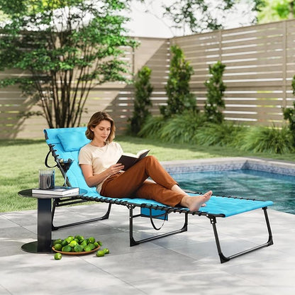 Outsunny Padded Folding Chaise Lounge Chair Outdoor Set of 2, 5-Level Reclining Patio Loungers, Tanning Chairs with Side Pocket, Headrest and Carrying Handle for Beach, Yard, Patio, Sky Blue