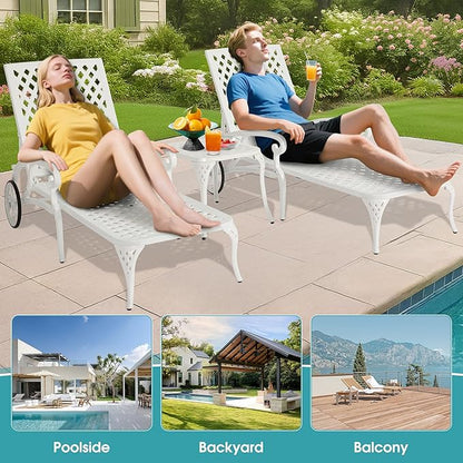 HOMEFUN Chaise Lounge Chair Outdoor, Poolside Lounger Outside Cast Aluminum Tanning Chairs with Adjustable Backrest and Moveable Wheels, White