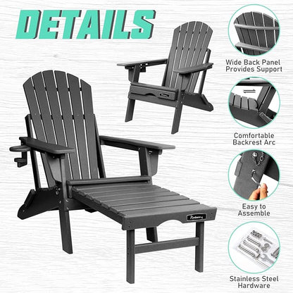 FUNBERRY Adjustable Folding Adirondack Chairs Set of 2 with Retractable Ottoman, All Weather Fire Pit Chairs with Cup Holder