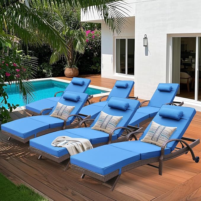 NOBLEMOOD Outdoor Lounge Chairs Set of 6 Beach Wicker Chaise Lounge with Wheels, Cushion, Adjustable Backrest and Pillow for Outside Pool Sun Shelf Tanning Bathing (Blue)