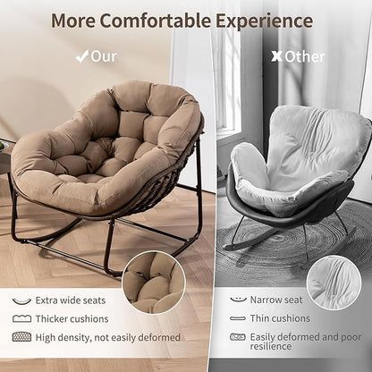 HOMEFUN Outdoor Patio Rocking Chairs Set of 2, Oversized Papasan Rock Chair Indoor with Padded Cushion - Rocker Egg Seat for Front Porch, Garden, Backyard Khaki