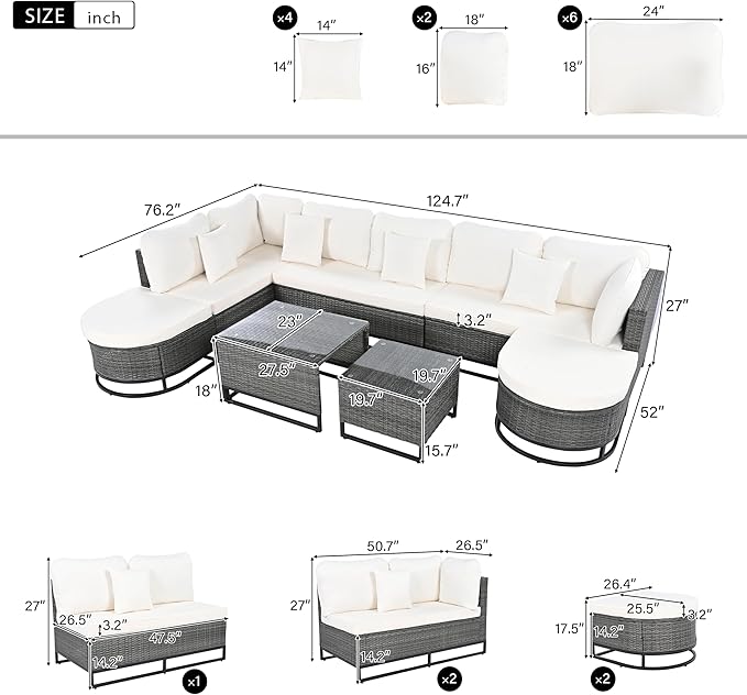 Quarte 7 Pieces Outdoor Patio Furniture Sofa Set with Coffee Table and Pillows - Photo 3