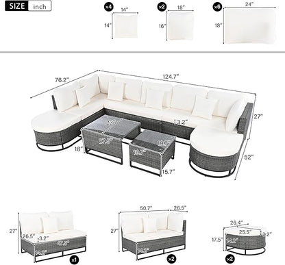 Quarte 7 Pieces Outdoor Patio Furniture Sofa Set with Coffee Table and Pillows, Rattan Conservation Sectional Free Combination Set for Garden, Deck (Beige/M1)