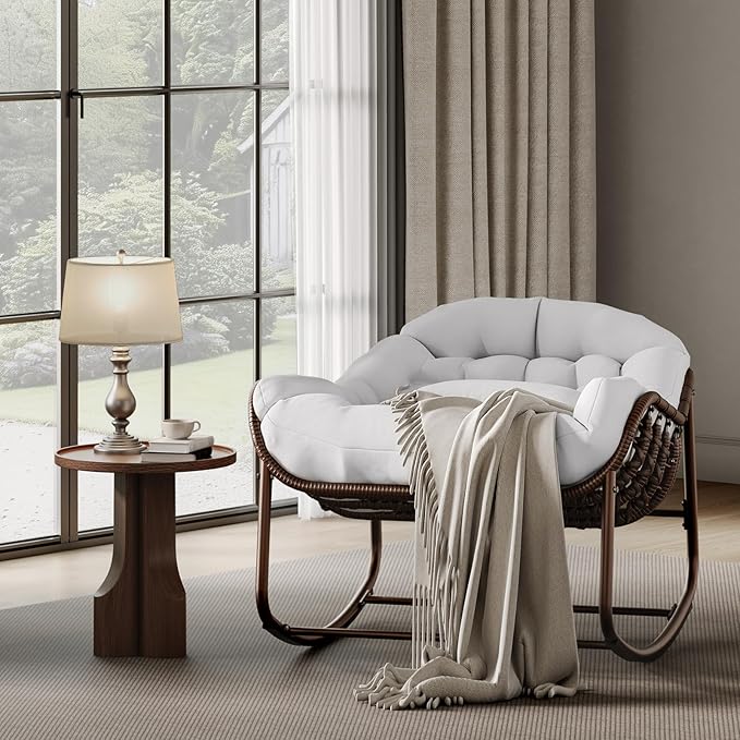 GarveeLife Outdoor Papasan Rocking Chair, Oversized Wicker Lounge Chair with Cushion and Metal Frame, Patio Rattan Egg Rocker for Balcony Backyard Porch Bedroom, White