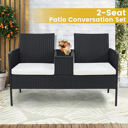 Kromax Wicker 2 Seat Patio Loveseat, Outdoor Rattan Loveseat with Table, Washable Cushion Covers, Backyard, Garden, Lawn, Black Rattan with White Cushion
