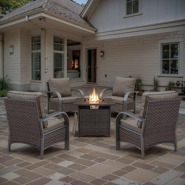 Belord 5 Piece Patio Furniture Set with Fire Pit Table - Outdoor Conversation Set with Propane Fire Pit and 4 Wicker - Photo 1