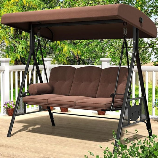 AECOJOY Outdoor Porch Swing, 3-Seat Porch Swing with Adjustable Canopy, Outdoor Swings for Adult with Brown Removable Cushions for Backyard, Garden, Yard, Poolside, Balcony