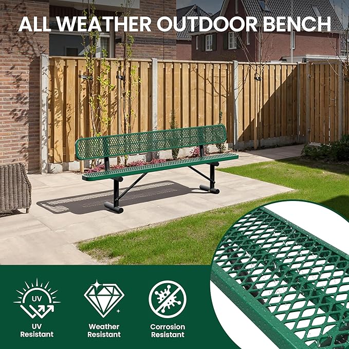 8 Feet Steel Park Bench for Outside, Outdoor Bench with Backrest & Portable Frame, Commercial Benches for Shopping Malls, Stores, Parks, Patios, Decks, Green