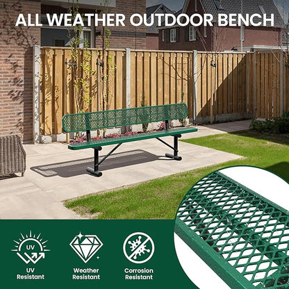 8 Feet Steel Park Bench for Outside, Outdoor Bench with Backrest & Portable Frame, Commercial Benches for Shopping Malls, Stores, Parks, Patios, Decks, Green