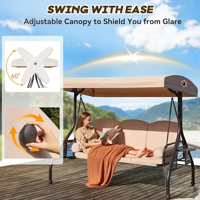 3 in 1 Outdoor Porch Swing with Adjustable Canopy, 3 Seat Outdoor Swing for Adults - Photo 4