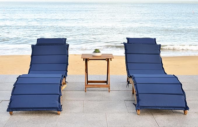 SAFAVIEH Outdoor Collection Pacifica Natural Brown Solid Wood/Navy Cushion 3-Piece Chaise Lounge Set with Table (PAT7020C)