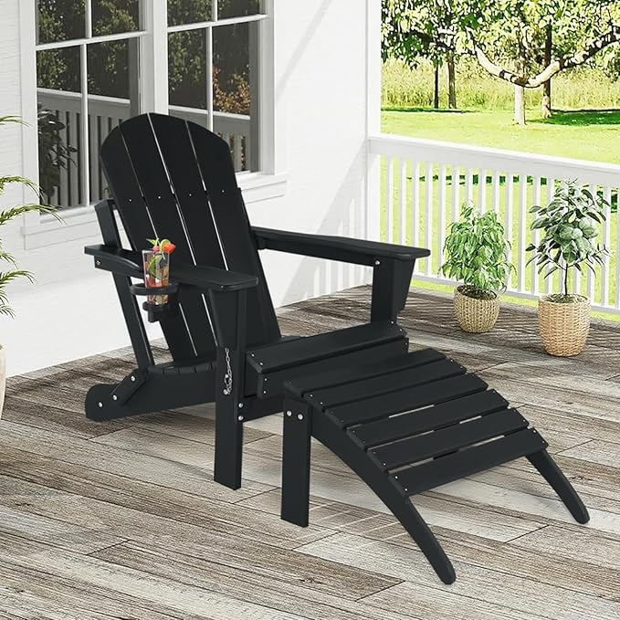 Adirondack Chair with Ottoman | Folding | Outdoor Patio Chair with Removable Footrest | HDPE Plastic All-Weather Resistant | Cup Holder | for Backyard and Garden | Set of 2, Matte Black