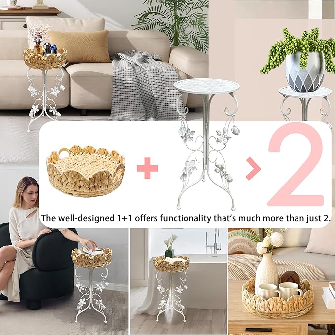 Outdoor Metal Patio Folding Side Table with Removable Wicker Tray, Boho Woven Rattan Plant Stand, Small Round Coffee end Table (Water Hyacinth, White)