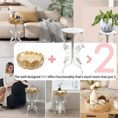 Outdoor Metal Patio Folding Side Table with Removable Wicker Tray, Boho Woven Rattan Plant Stand, Small Round Coffee end Table (Water Hyacinth, White)