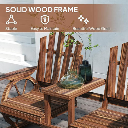 Outsunny Wooden Garden Bench with Table, Umbrella Hole, 2-Seat Wagon Wheel Outdoor Bench with Slatted Seat, High Backrest, Armrests for Backyard, Patio, Garden, Carbonized