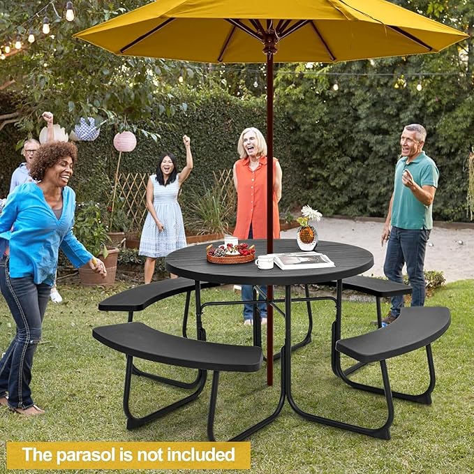 Round Picnic Table for Outdoors, 8 Person Outdoor Picnic Tables & Benches Set with Umbrella Hole - Photo 2