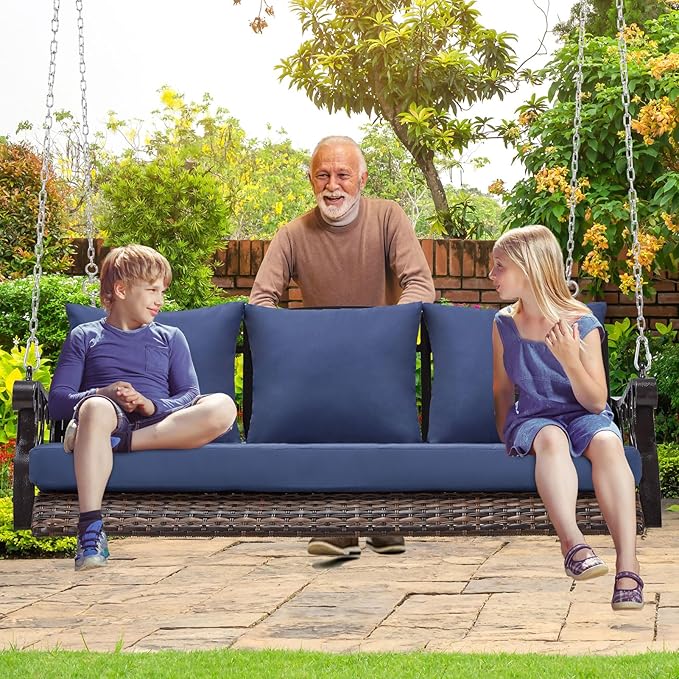 3-Person Wicker Porch Swing Chair Heavy Duty 900 LBS Outdoor Rattan Patio Swing Chair w/Cup-Holder & Steel Chains - Photo 7