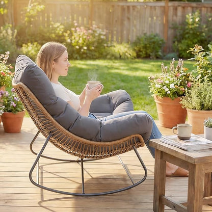 Outsunny Double Papasan Rocking Chair, Wicker Oversized Indoor Outdoor Rocking Chair with Cushion, PE Rattan Padded Outdoor Rocker Egg Chairs for Living Room, Garden, Patio, Balcony, Gray