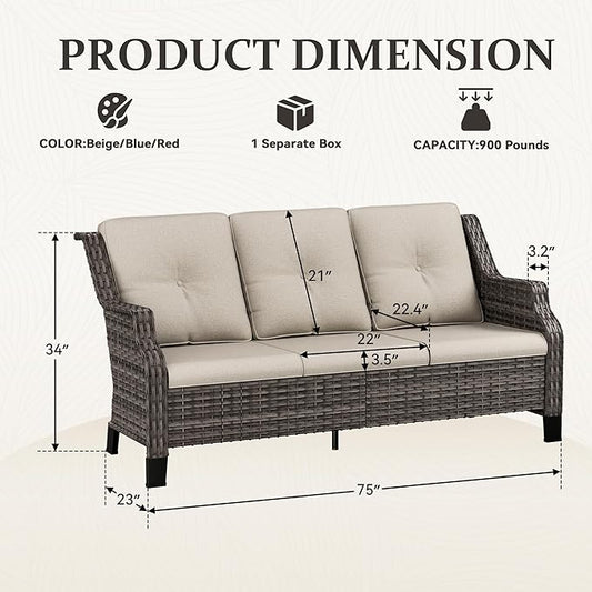 Outdoor Patio Sofa Wicker 3 Seater Sofa, Rattan Couch with Deep Seat and Olefin Cushions, High Backrest, All-Weather for Balcony, Deck, Backyard