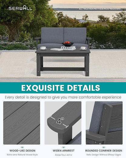 SERWALL HDPE Outdoor Patio Loveseat, Grey Frame and Grey Cushion