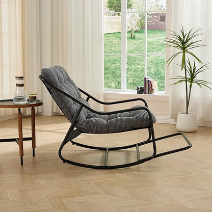Rocking Chair with Foot Rest, Outdoor Indoor Rocking Lounge Chair with Cushion, Comfortable Patio Rocker Chairs for Patio, Porch, Garden, Living Room, Reading, Metal Frame, Grey