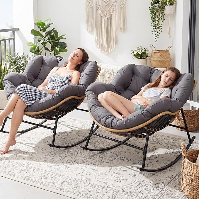 RADIATA 2 PCS Indoor Outdoor Papasan Rocking Chair Set, Oversized Patio Lounge Chair with Cushion, All Weather Wicker Comfy Loveseat Recliner, 450 lbs Capacity for Balcony Porch Garden livingroom grey