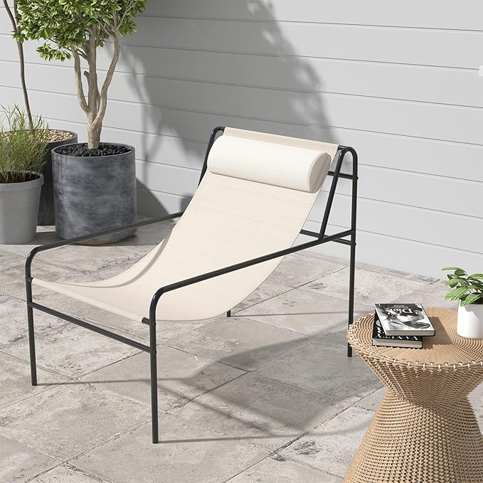 Giantex Patio Sling Lounge Chair, Modern Sling Accent Chair with Removable Headrest Pillow, Heavy-Duty Metal Frame - Photo 2