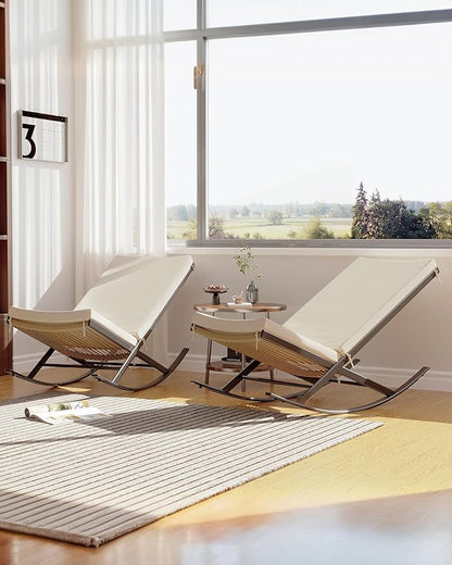 GarveeLife Outdoor Rocking Lounge Chair Set of 2, Patio Chaise Lounge with Removable Cushion for Napping Relaxing, Indoor Reclining Papasan Rocker Chair, Beige