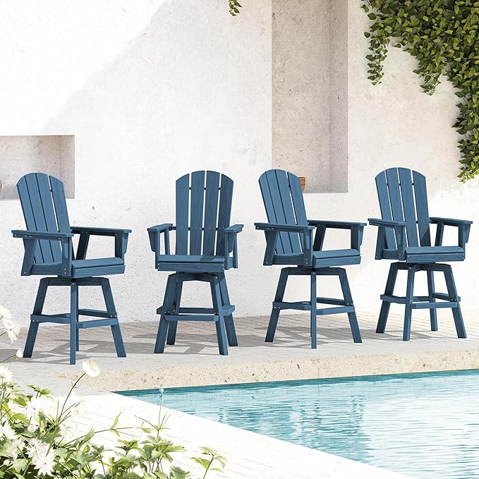 SERWALL Swivel Adirondack Bar Chairs Set of 4, HDPE Outdoor Swivel Barstools Chairs Set of 4 for Bistro, Poolside, Garden, Blue