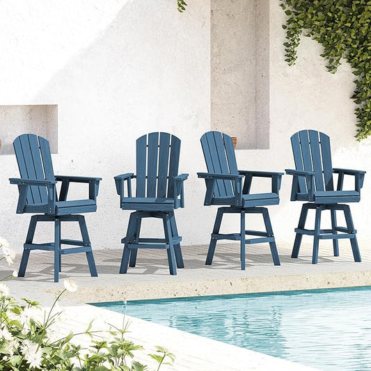 SERWALL Swivel Adirondack Bar Chairs Set of 4, HDPE Outdoor Swivel Barstools Chairs Set of 4 for Bistro, Poolside, Garden, Blue