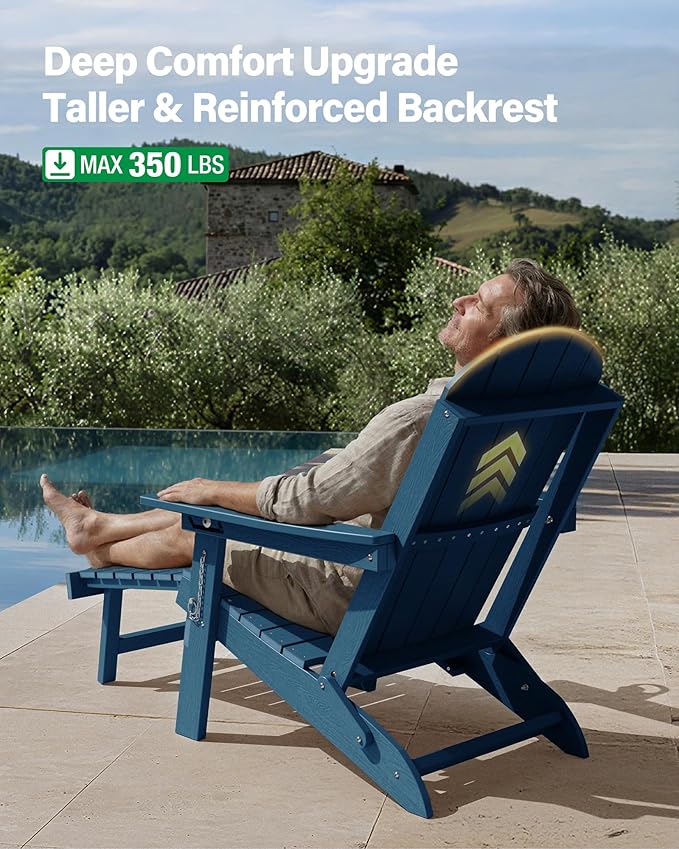 YEFU Adirondack Chair with Retractable Ottoman: Adjustable Folding Adirondack Chairs Set of 4 - Fire Pit Chairs with Cup Holder - Sturdy HDPE Plastic All Weather for Outdoor/Patio/Fire Pit/Pool(Navy)