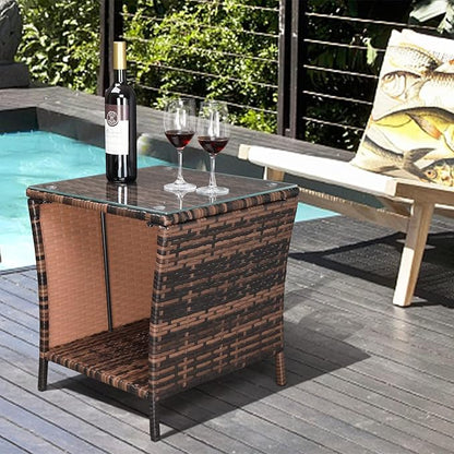 Outvita Outdoor Side Table, Rattan Coffee Table Small End Table with Glass Top Storage for Patio Porch Backyard Balcony