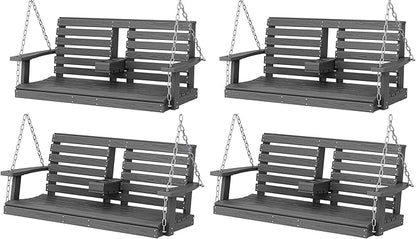 KINGYES Outdoor Hanging Patio Swing Chair Set of 4, 2 Seat Bench with Cup Holders, Waterproof for Courtyard & Garden, 660LBS Weight Capacity, Gray