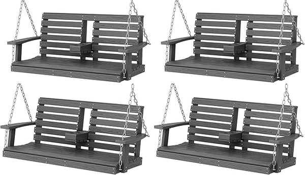 KINGYES Outdoor Hanging Patio Swing Chair Set of 4, 2 Seat Bench with Cup Holders, Waterproof for Courtyard & Garden - Photo 1